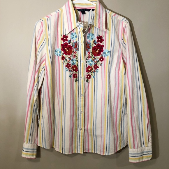 Boden Tops - Boden | Button Down Striped Embroidered Shirt Sz12
